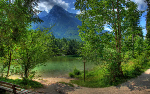 A serene landscape featuring a tranquil pond surrounded by lush green trees, a wooden bench, and towering mountains in the background, capturing the beauty of spring in Germany.