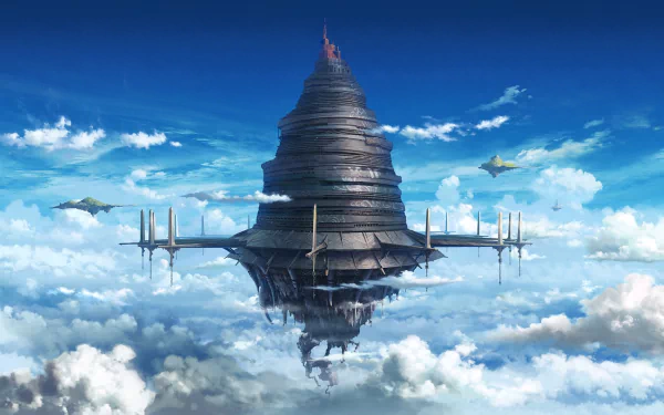 HD desktop wallpaper featuring the floating castle Aincrad from Sword Art Online anime, set against a vibrant blue sky with clouds.