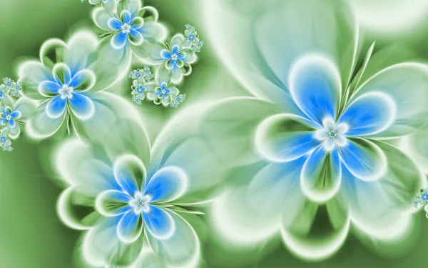 Artistic blue floral design with translucent petals and soft green bokeh, 5K Ultra HD PC desktop wallpaper and background.