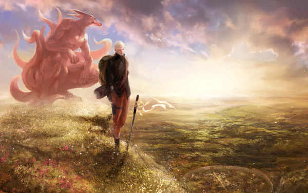 HD desktop wallpaper featuring Naruto Uzumaki from the anime Naruto, standing on a hill with Kyūbi in the background, overlooking a vast, sunlit landscape.