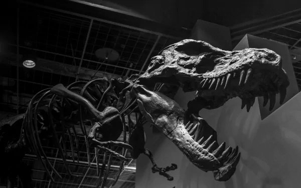 A striking black and white image of a Tyrannosaurus Rex skeleton displayed in a museum, capturing the grandeur of this prehistoric animal in dramatic monochrome detail.
