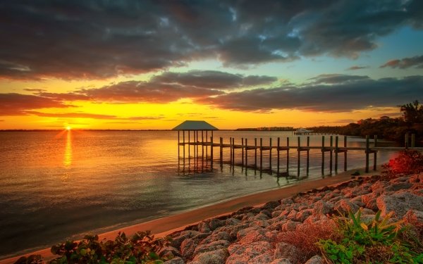 Man Made Pier Sunset Ocean Sea HD Wallpaper | Background Image