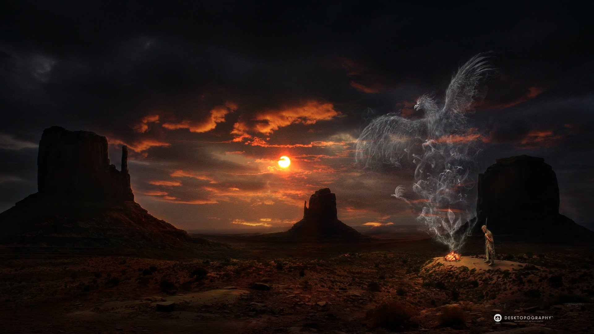 An artistic HD PC desktop wallpaper featuring a bird-like spirit emerging from clouds at sunset, set against a dramatic landscape with towering rock formations.