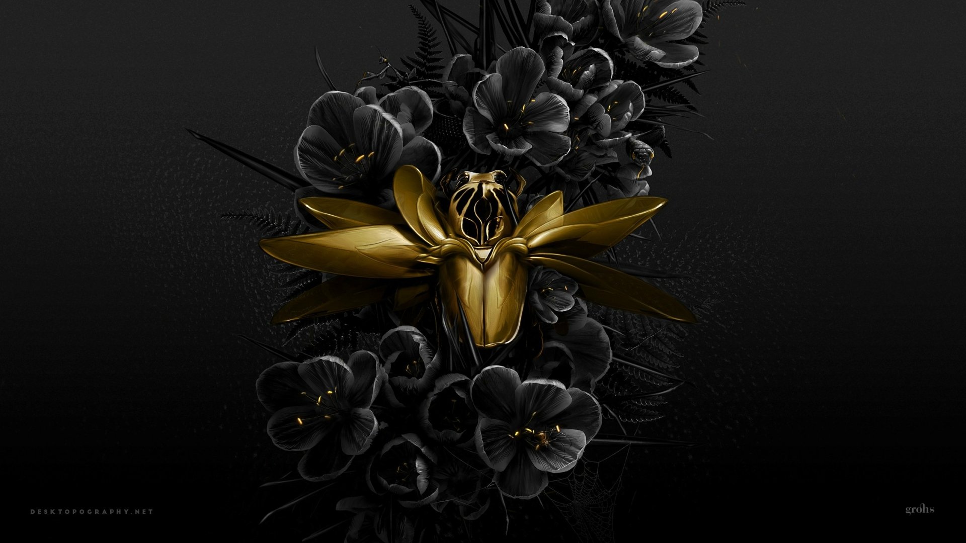 Artistic 2K Quad HD PC desktop wallpaper showing a metallic gold abstract bloom/ornament nestled among glossy black flowers on a dark background.
