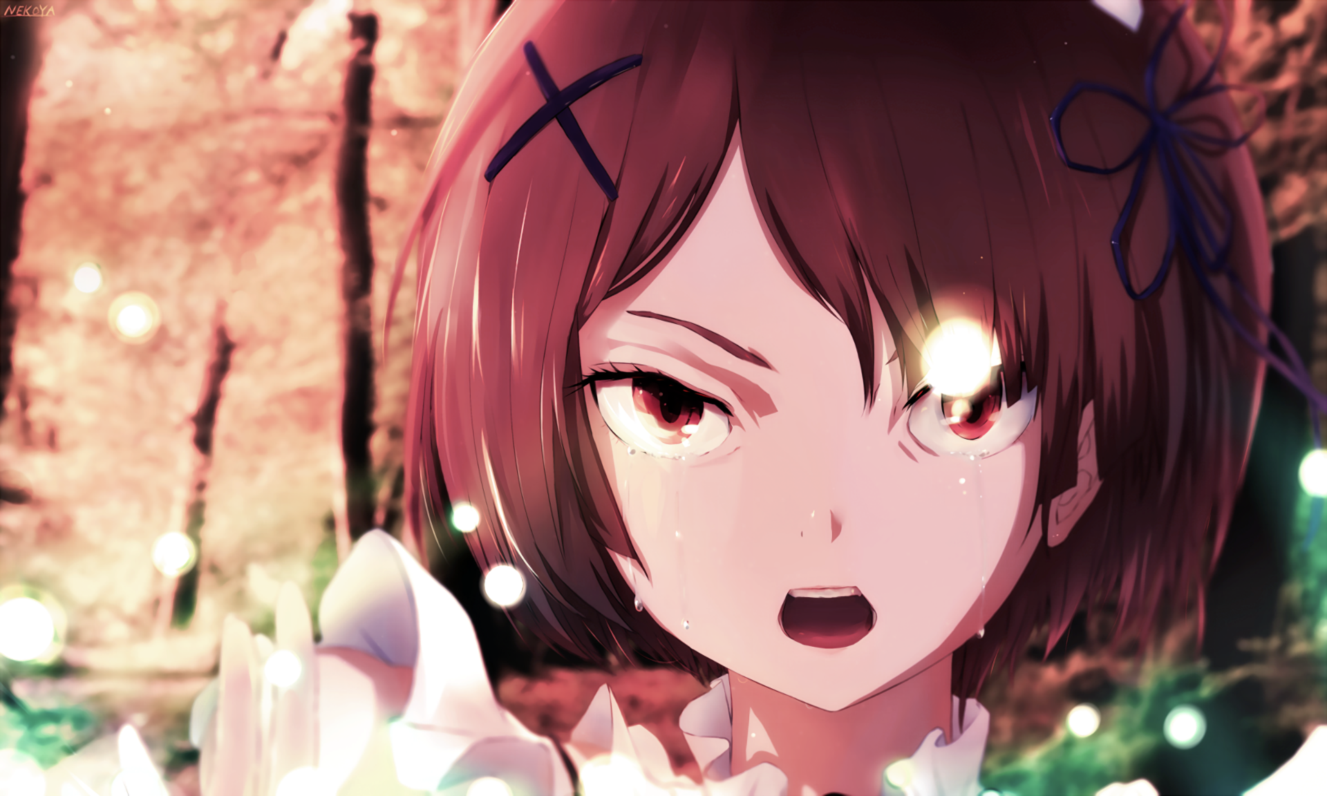 HD desktop wallpaper featuring Ram from Re:ZERO - Starting Life in Another World, capturing her intense expression amidst a magical background.