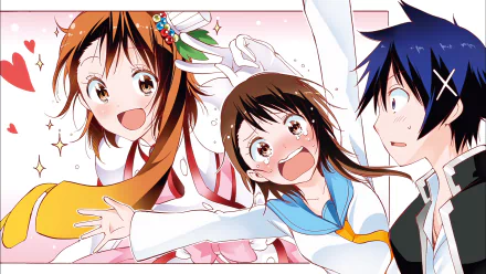 HD anime wallpaper featuring Raku Ichijō and Kosaki Onodera from Nisekoi with vibrant expressions and colorful backgrounds.