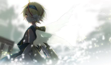 HD PC desktop wallpaper of Rin Kagamine (Vocaloid): anime-style Rin with short blonde hair, translucent wings and soft glowing particles in a bright, misty scene.