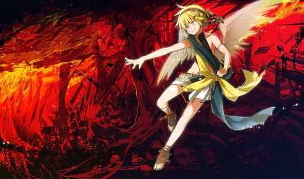 HD PC desktop wallpaper of Len Kagamine (Vocaloid): anime-style angelic figure with golden hair and wings leaping against a fiery red, abstract background.