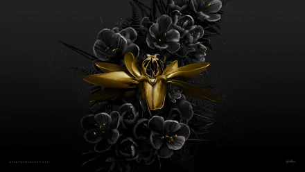 Artistic 2K Quad HD PC desktop wallpaper showing a metallic gold abstract bloom/ornament nestled among glossy black flowers on a dark background.