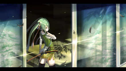 HD PC desktop wallpaper of Vocaloid Hatsune Miku in green battle attire, poised with a bow before shoji screens as moonlight, feathers and light streaks drift across a misty anime night scene.