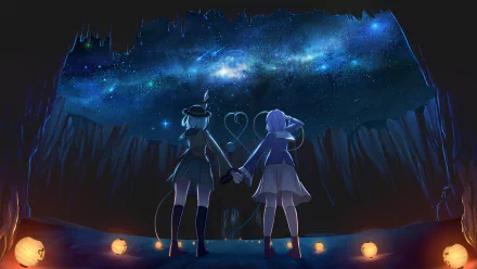 HD PC desktop wallpaper featuring Satori Komeiji and Koishi Komeiji from the Touhou anime, standing hand in hand beneath a starry night sky.