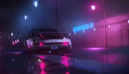 An HD desktop wallpaper featuring a retro wave Outrun style with neon lights, showcasing a sleek car from the video game Need For Speed (2015) under a moody, vaporwave night sky.