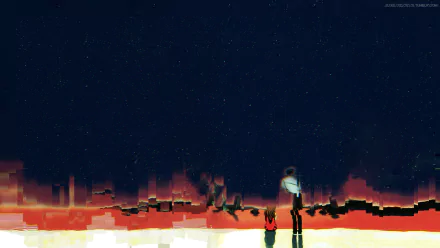 HD PC desktop wallpaper featuring a surreal Neon Genesis Evangelion scene from End of Evangelion with characters standing against a glowing, pixelated skyline at dusk.