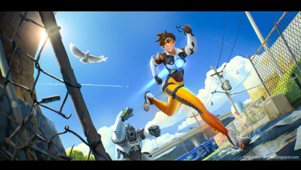 Action-packed HD wallpaper featuring Winston and Tracer from Overwatch, with Tracer sprinting energetically under a bright blue sky in a vibrant urban setting.