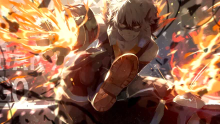 HD desktop wallpaper featuring Katsuki Bakugou from the anime My Hero Academia, showcasing him mid-action with his explosive powers.