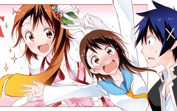 HD anime wallpaper featuring Raku Ichijō and Kosaki Onodera from Nisekoi with vibrant expressions and colorful backgrounds.