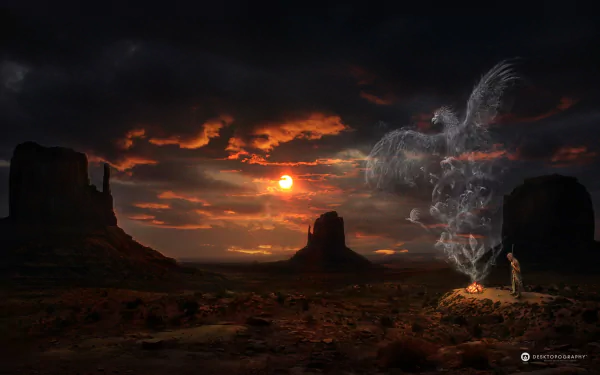 An artistic HD PC desktop wallpaper featuring a bird-like spirit emerging from clouds at sunset, set against a dramatic landscape with towering rock formations.