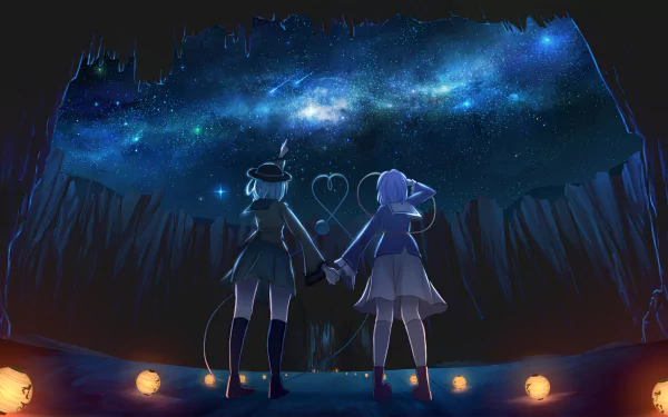 HD PC desktop wallpaper featuring Satori Komeiji and Koishi Komeiji from the Touhou anime, standing hand in hand beneath a starry night sky.