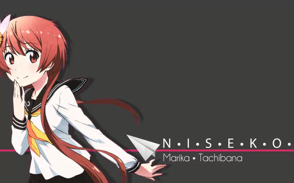 HD anime desktop wallpaper featuring Marika Tachibana from Nisekoi, showcasing her in a school uniform with a paper airplane against a dark background.