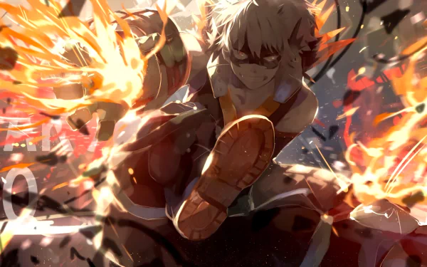 HD desktop wallpaper featuring Katsuki Bakugou from the anime My Hero Academia, showcasing him mid-action with his explosive powers.