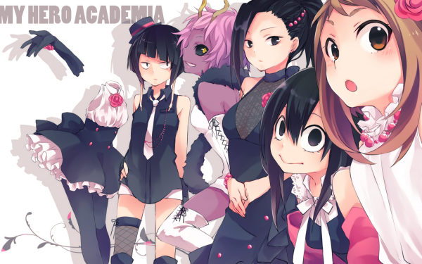 Anime My Hero Academia Mina Ashido Tsuyu Asui Tooru Hagakure Kyōka Jirō Ochaco Uraraka Momo Yaoyorozu Smile Yellow Eyes Brown Eyes Black Eyes Black Hair Pink Hair Brown Hair Long Hair Hat Necklace Skirt Dress White Dress Black Dress Shorts HD Wallpaper | Background Image