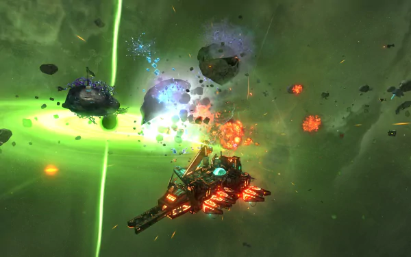 HD desktop wallpaper from Space Pirates and Zombies 2 featuring a dynamic space battle scene with exploding ships and vibrant laser beams.