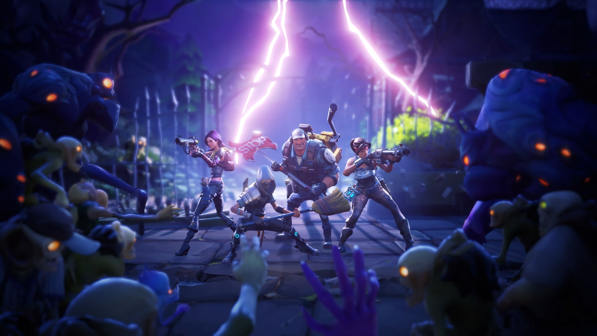 HD desktop wallpaper and background image of Fortnite featuring characters in an intense battle scene under a stormy sky with lightning, surrounded by enemies.