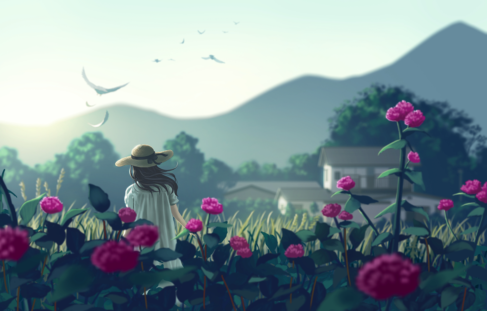 A serene anime-inspired scene featuring a young girl in a hat, standing amidst vibrant pink flowers, with mountains and a peaceful house in the background. HD desktop wallpaper and background.