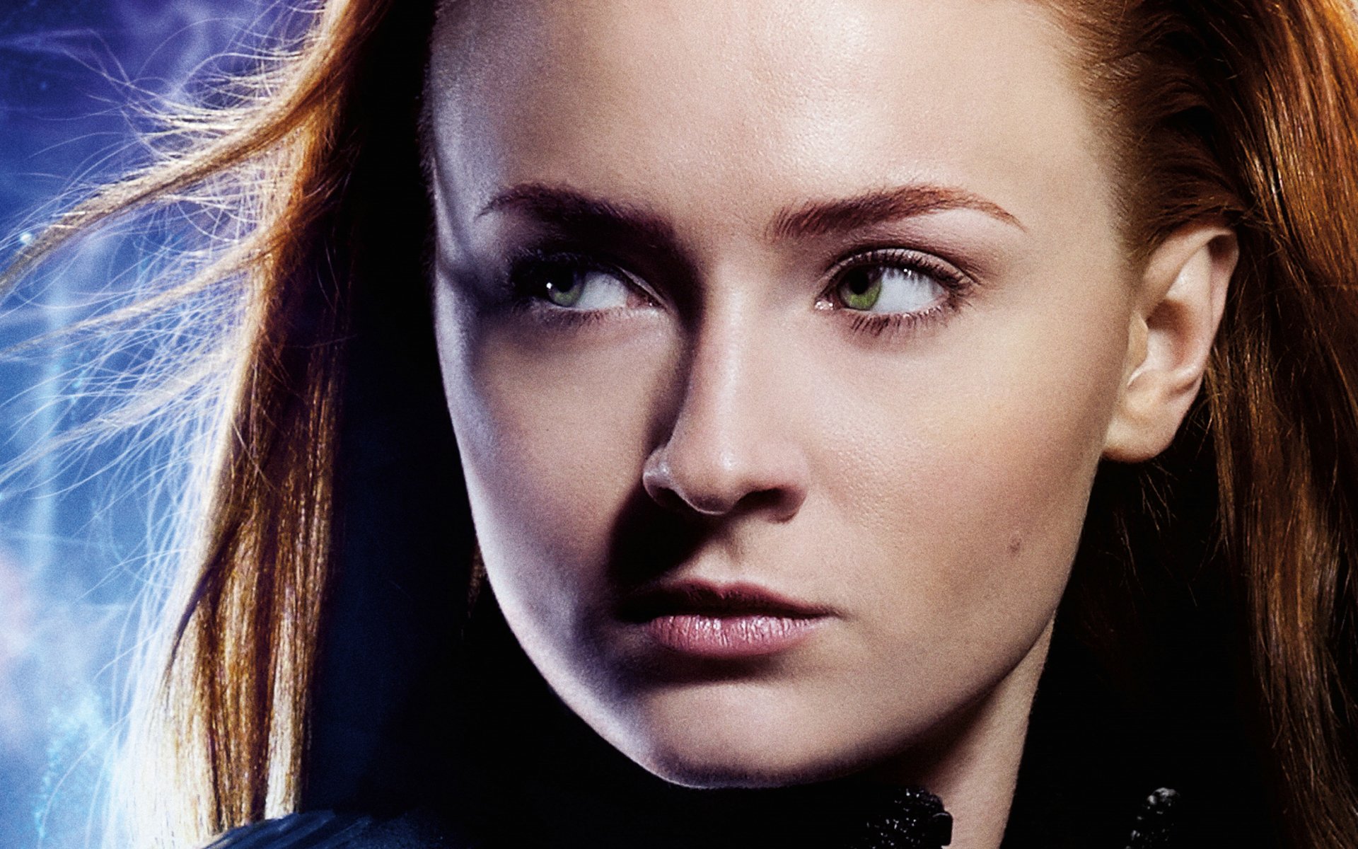 HD desktop wallpaper featuring Sophie Turner as Jean Grey from the movie X-Men: Apocalypse with intense expression and dynamic lighting.