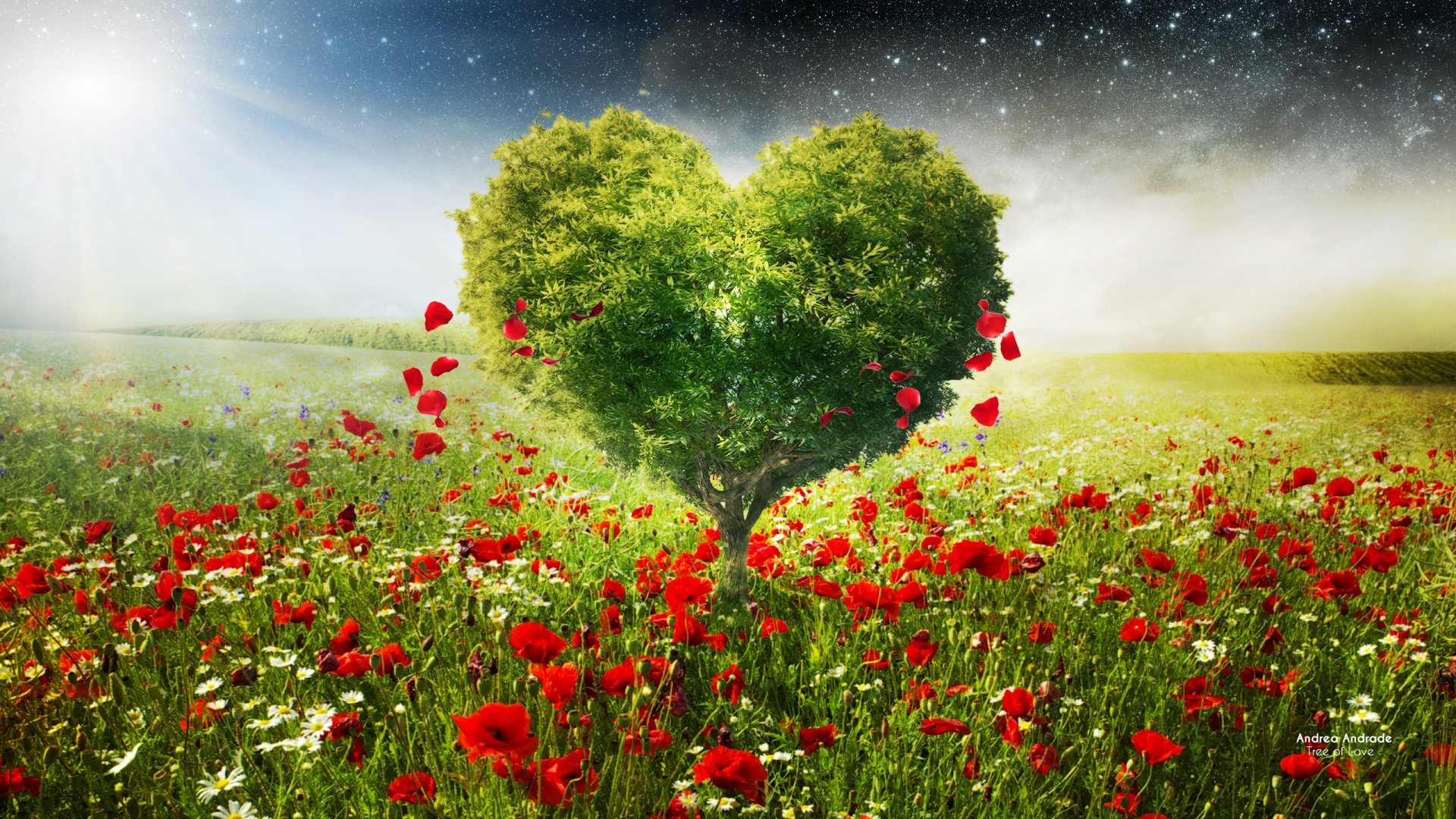 Artistic 2K Quad HD desktop wallpaper: heart-shaped tree rising from a field of red poppy flowers under a dreamy sky, evoking love.