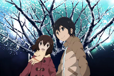 Satoru Fujinuma and Kayo Hinazuki from the anime Erased stand together against a backdrop of a snow-covered tree, capturing a moment of connection and mystery.