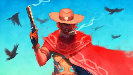 McCree from Overwatch stands confidently, gun drawn, against a vibrant blue background. This HD PC desktop wallpaper captures the essence of the iconic video game character.