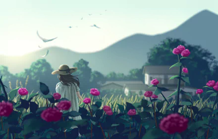 A serene anime-inspired scene featuring a young girl in a hat, standing amidst vibrant pink flowers, with mountains and a peaceful house in the background. HD desktop wallpaper and background.