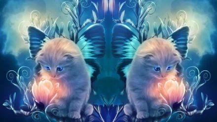 Fantasy-themed HD PC desktop wallpaper featuring two glowing kittens holding luminous flowers, surrounded by delicate, ethereal blue butterflies and swirling magical elements.