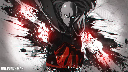 HD desktop wallpaper featuring Saitama from the anime One-Punch Man, set against a dynamic, splattered background with red and black accents.