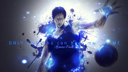 HD desktop wallpaper featuring Daiki Aomine from the anime Kuroko's Basketball, with blue glowing effects and a quote: The only one who can beat me is me.