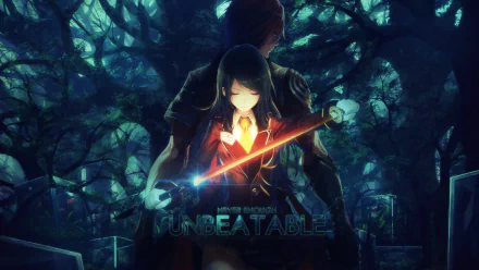 A striking HD wallpaper featuring characters from the video game Akai Katana, set against a dark, atmospheric forest backdrop, with vibrant colors and dynamic lighting.