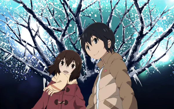 Satoru Fujinuma and Kayo Hinazuki from the anime Erased stand together against a backdrop of a snow-covered tree, capturing a moment of connection and mystery.