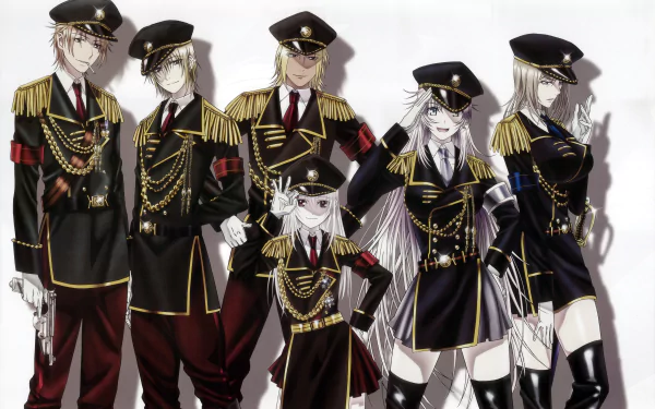 A striking 8K Ultra HD wallpaper featuring characters from K Project: Tatara Totsuka, Seri Awashima, Rikio Kamamoto, Neko, Izumo Kusanagi, and Anna Kushina in military-inspired outfits.