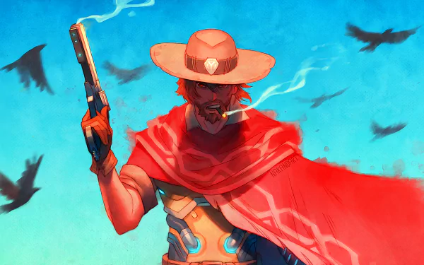 McCree from Overwatch stands confidently, gun drawn, against a vibrant blue background. This HD PC desktop wallpaper captures the essence of the iconic video game character.