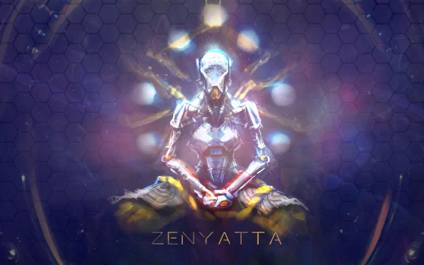 HD desktop wallpaper of Zenyatta from the video game Overwatch, depicted in a meditative pose with a futuristic, ethereal background. The name ZENYATTA is written at the bottom.