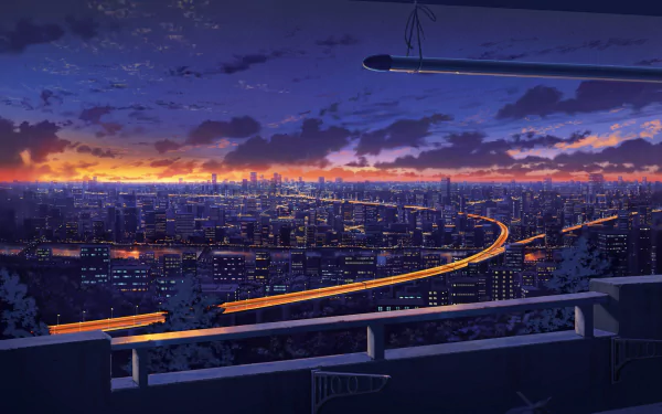 A stunning anime cityscape at dusk, featuring a vibrant skyline and illuminated streets, serves as a captivating HD desktop wallpaper and background.