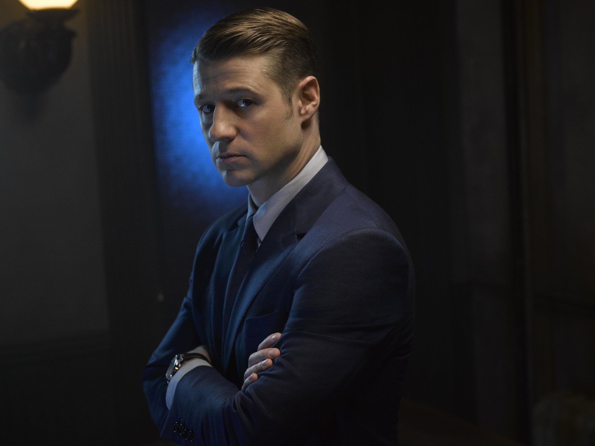 HD PC desktop wallpaper featuring Ben McKenzie as James Gordon from the TV show Gotham, with a dark, moody background emphasizing his intense expression.