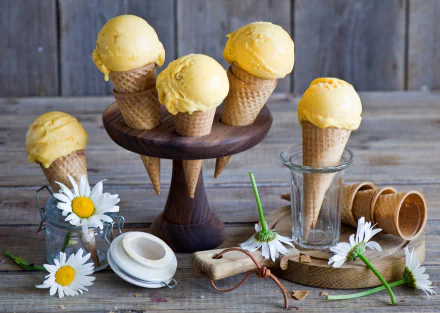 HD still life desktop wallpaper featuring summer-themed ice cream cones arranged with daisies on a rustic wooden surface.