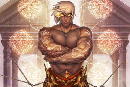 Blonde, muscular fantasy man with glowing tattoos stands confidently amid magical runes in an HD PC desktop wallpaper background.