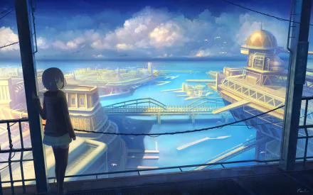 A serene anime scene featuring a girl gazing out over a vibrant, futuristic cityscape with water and clouds, designed as a stunning HD PC desktop wallpaper and background.