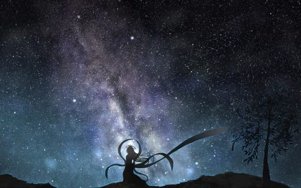 HD anime original artwork of a silhouetted figure with flowing ribbons against a starry night sky and Milky Way, designed as a PC desktop wallpaper.