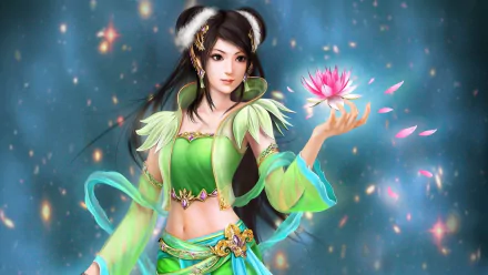 A fantasy-themed HD desktop wallpaper featuring an Oriental woman from Jade Dynasty holding a glowing pink water lily surrounded by ethereal light and floating petals.