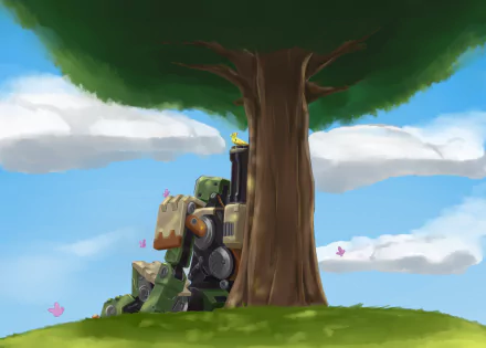 Bastion from Overwatch rests against a tree under a bright sky, surrounded by fluffy clouds and colorful petals, showcasing a serene moment in this HD PC desktop wallpaper.