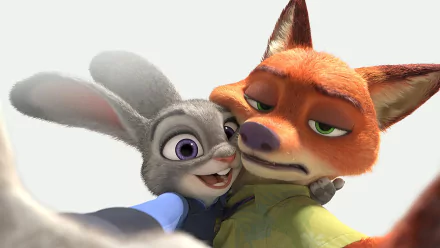 A vibrant HD wallpaper featuring Nick Wilde and Judy Hopps, popular characters from the movie Zootopia, captured in a playful selfie moment.